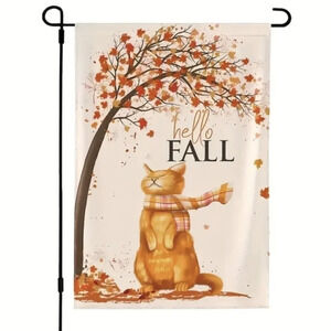 Hello fall, ginger cat with scarf, tree leaves blowing